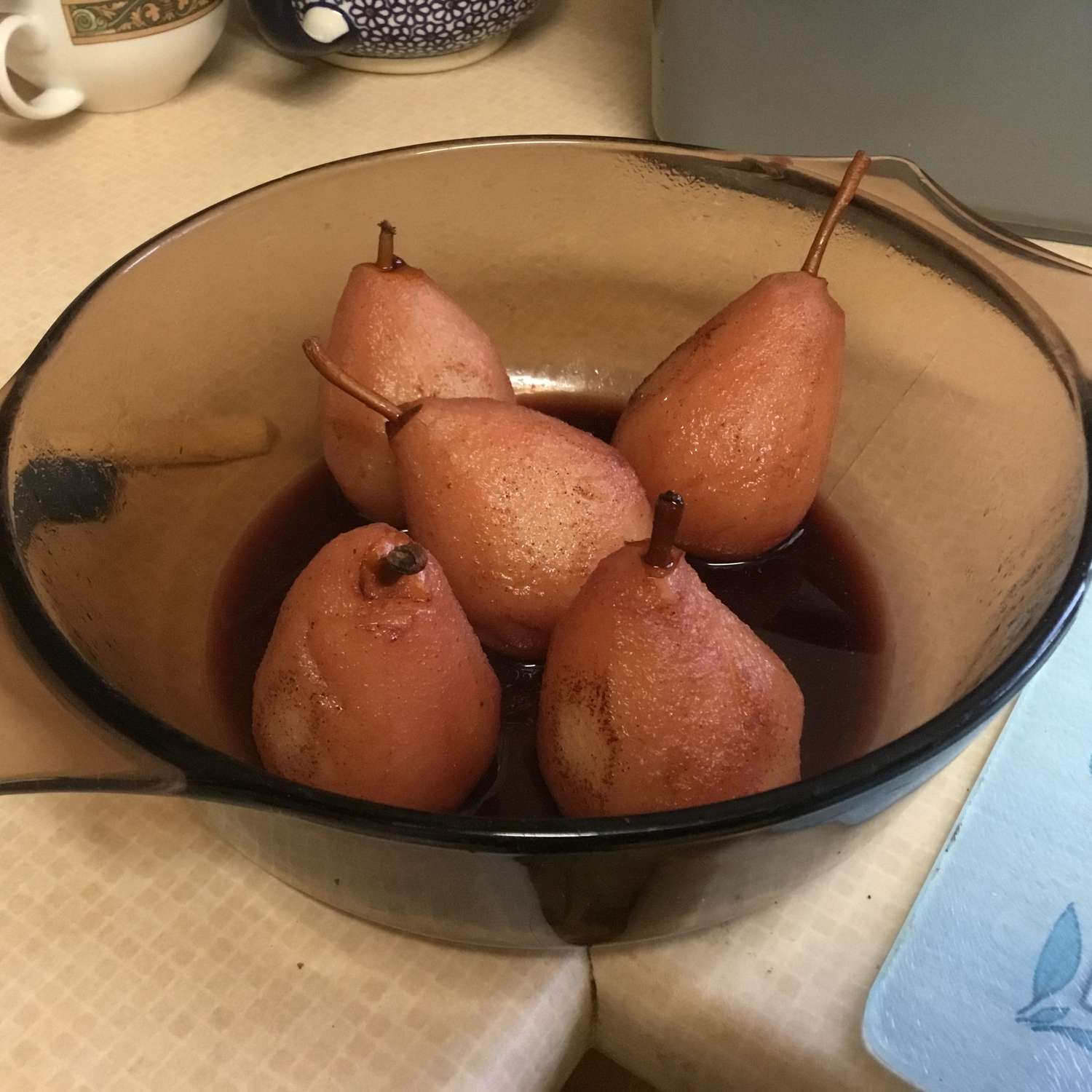 Red Wine Pached Puached Pears With Chocolate